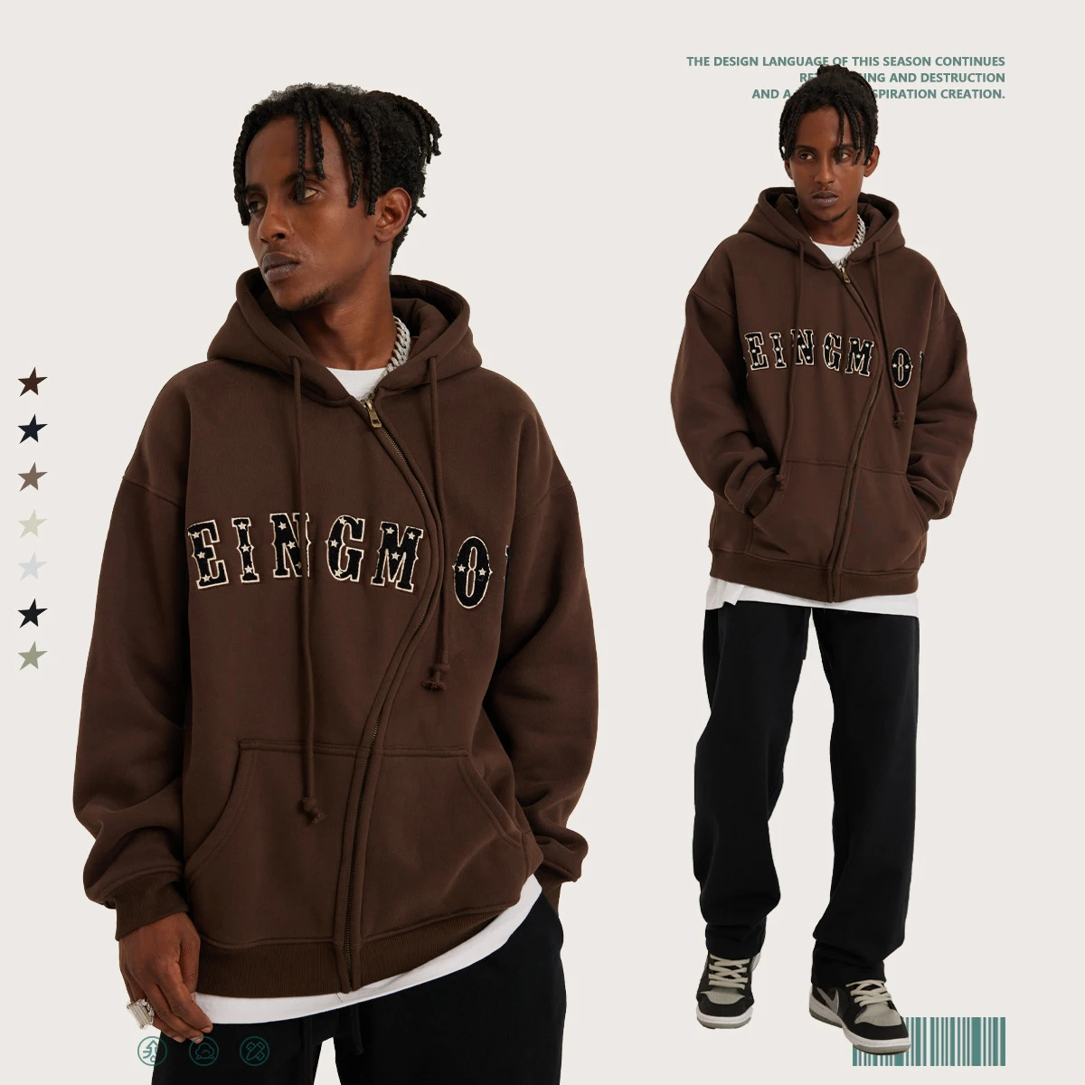 Hot Sale Autumn and Winter Heavy Duty American Style Embroidered Fleece Zipper Loose Hoodie Jacket for Men