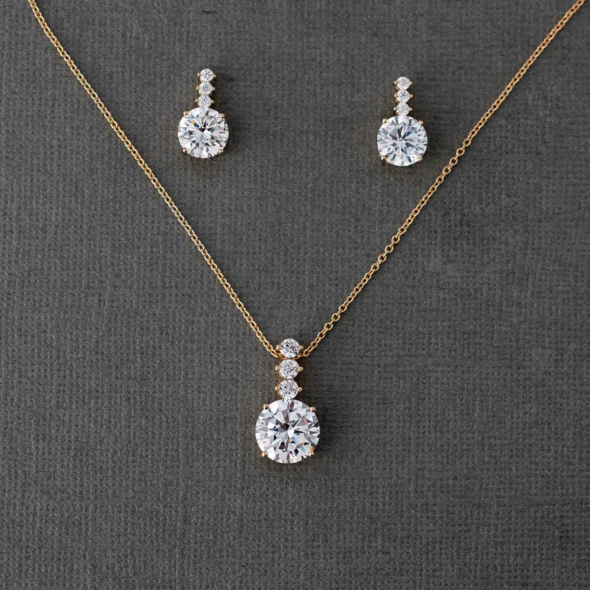 Women Girls Round CZ Jewel Zircon Pendant Necklace Earring Set
