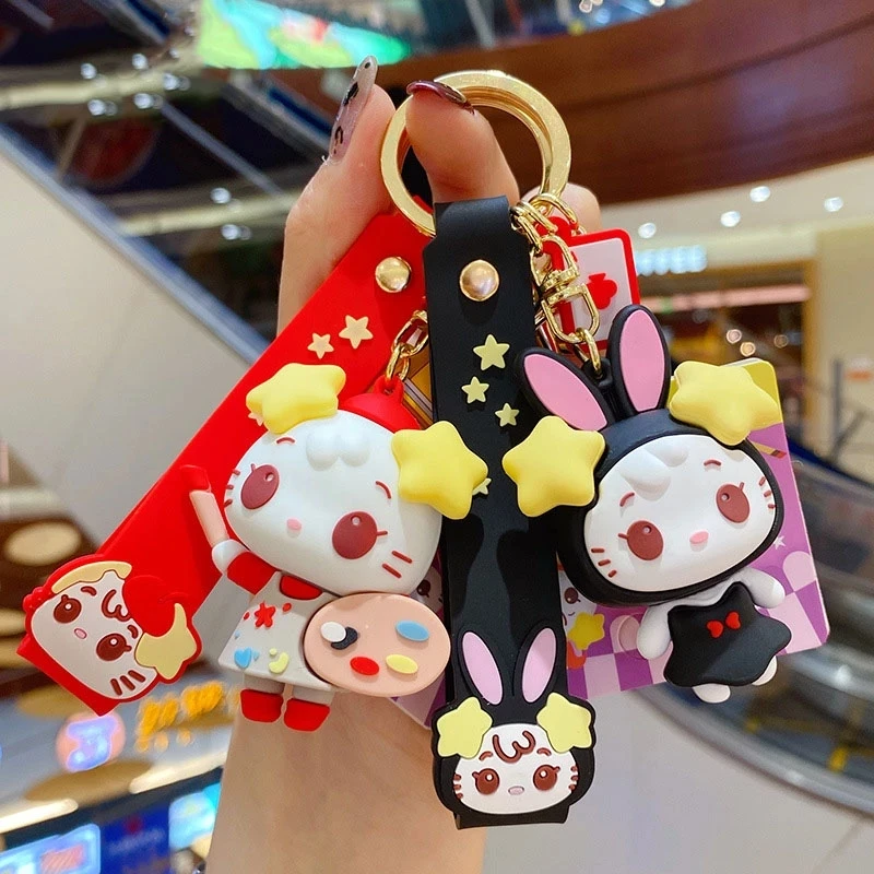 Cartoon Auspicious Bunny Girl Cat Maid keychains For Women Cute Magician Lucky Cat Clown Cat Animal Key Chain Bag Pendant Gifts