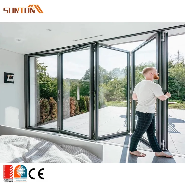 Custom made exterior soundproof hurricane proof aluminum triple glazed glass sliding folding balcony door for house villa patio