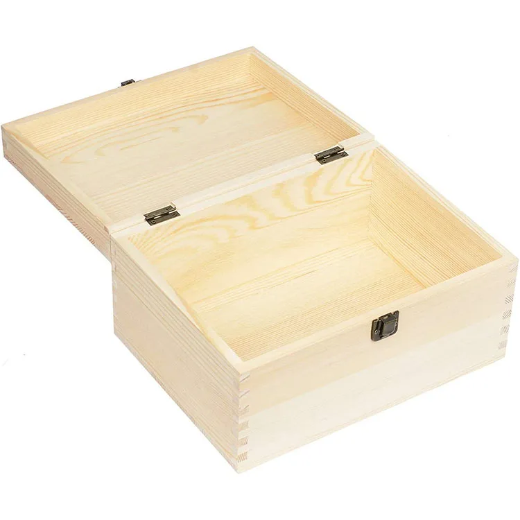 Extra Large Rectangle Unfinished Pine Wood Box Natural Craft Stash Boxes with Hinged Lid and Front Clasp