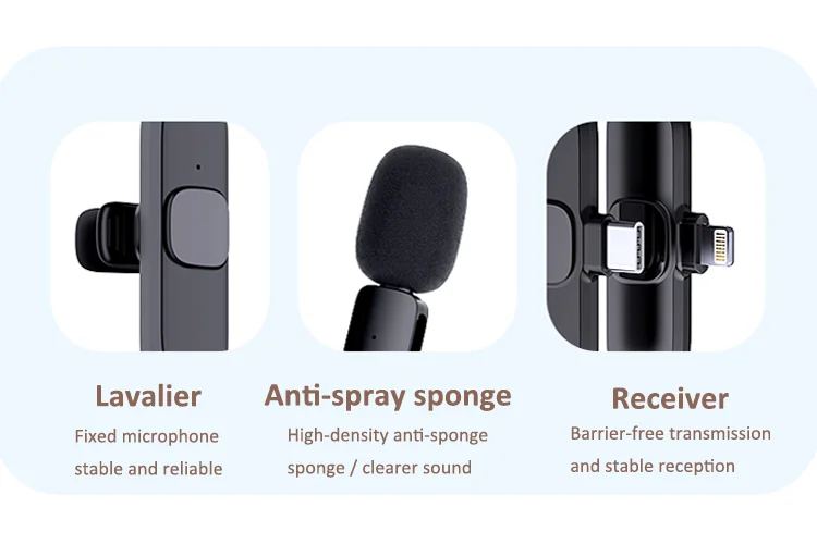Latest Decoration Compatibility Clip Microphone Stand Auto-Sync Noise Reduction Wireless Lavalier Microphone with 2 Clips