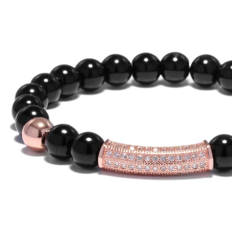 Brand New Copper Bead 8mm Natural Black Onyx Strand Rose gold silver Bracelet Micro Pave CZ Curved Tube Charm Bracelet
