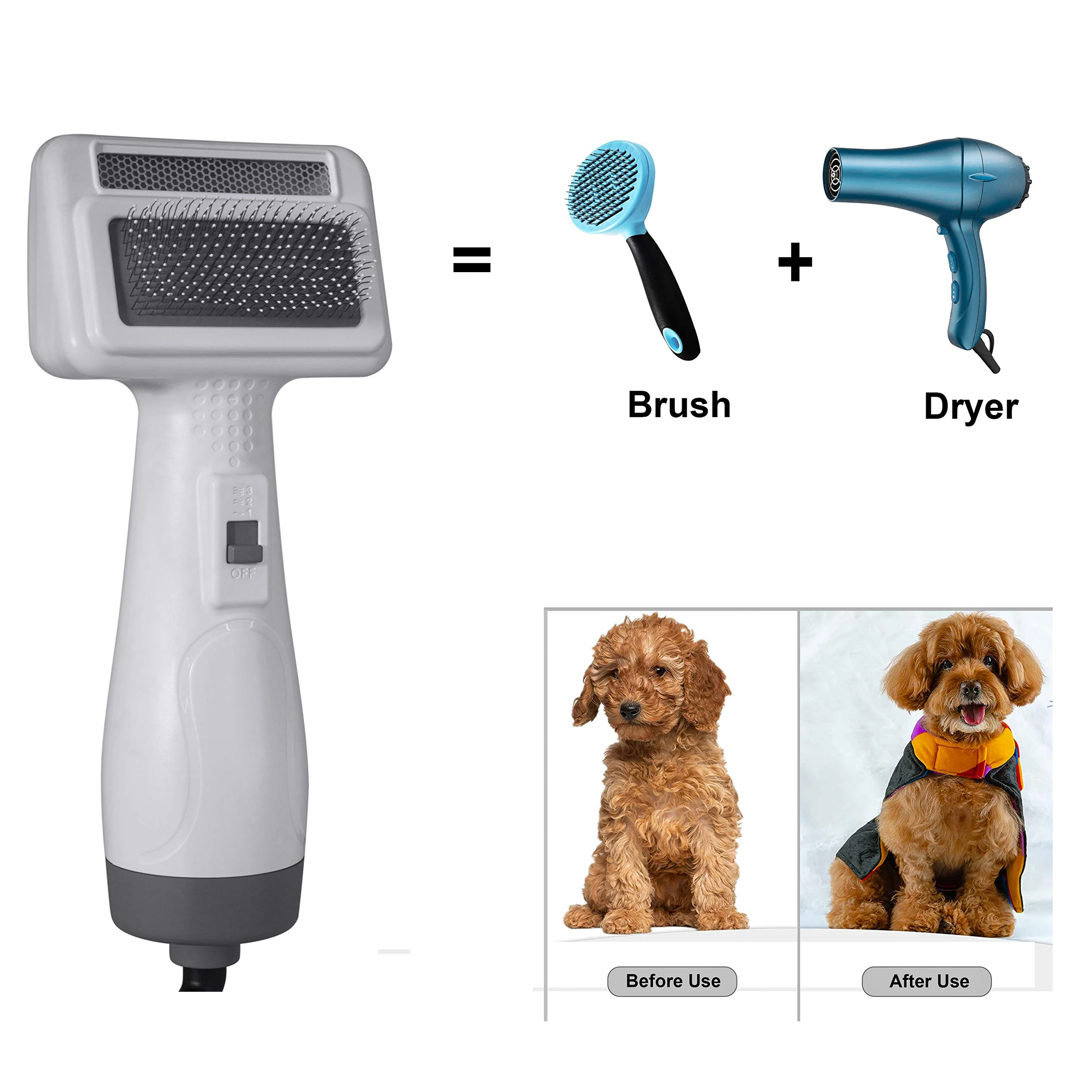 Pet Dog Hair Grooming Dryer Blower Slicker Brush with 3 Wind and Temperature Settings 2 In 1 Pet Brush Dryer