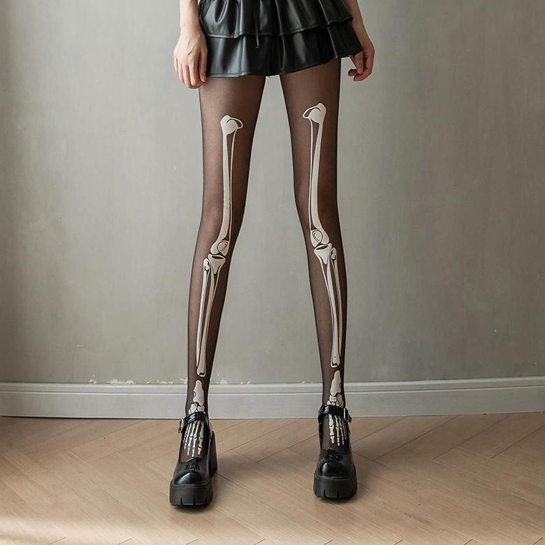 Glowing Nightlight White Bone Head Jumping JK Pantyhose Halloween Hot Selling Props Black Glowing Silk Socks Pantyhose Socks