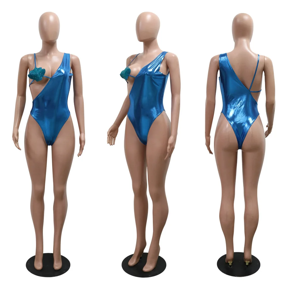 Ready to ship S-2XL summer club wear one piece shiny sexy bikini womens swimsuits beachwear