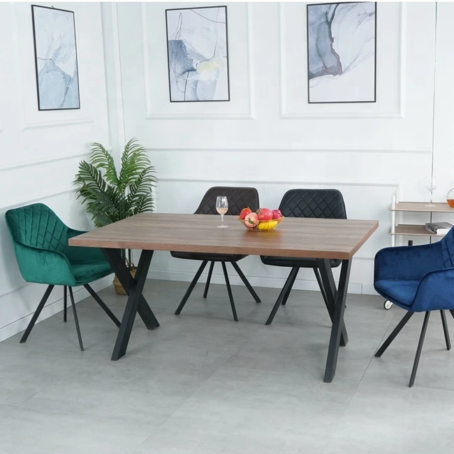 Manufacturer Solid Wood Material Classical Design Black Powder Coating Wood Modern Dining Table with Metal Frame