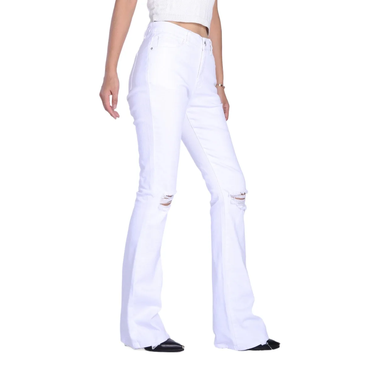 Custom White Colored Stretchy Ripped Design High Waist Women Flare Jeans