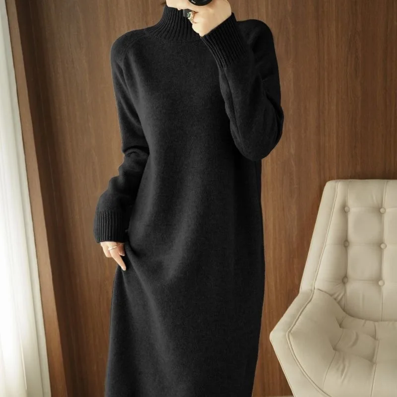 Custom Hot Sale Korean Fashion Lady Winter Thick Warm Loose Casual Dresses Women Knit Pullover Maxi Long Sweater Dress