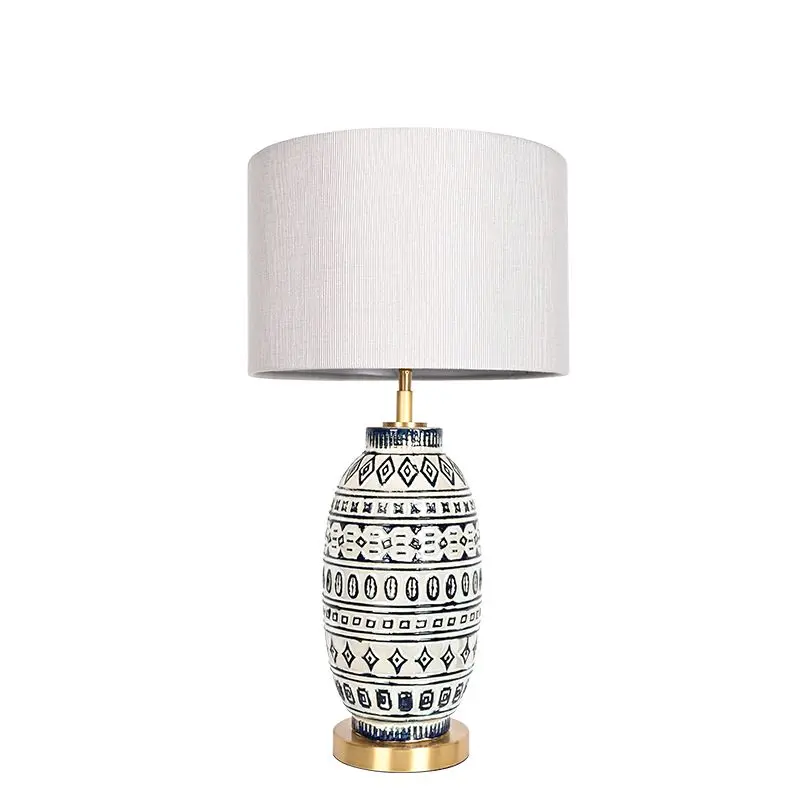 Wabi-sabi Porcelain Ware Pottery Moulded Peacock Blue Relief Retro Table Lamp For Living Room Decorative