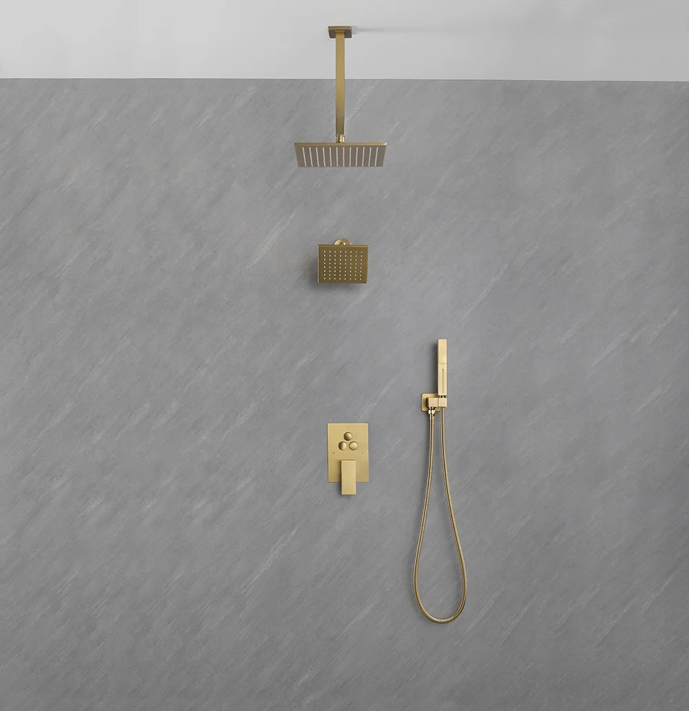 High Pressure Shower Booster Water SavingCopper  brushed gold concealed ceiling mounted shower set  and hander shower