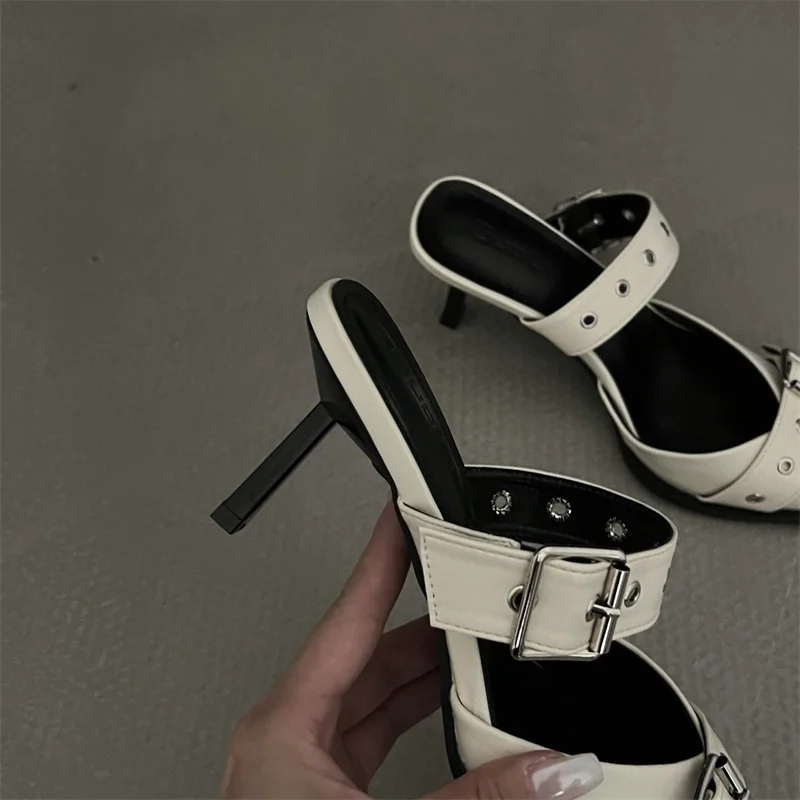 IDOIT New Fashion Metal Buckle Slingback Sandals Women Flats Pointed Toe High Heel Shoes for Women Buckle Strap Slippers