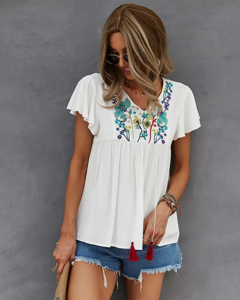 OEM customization vacation T-shirt Embroidered sexy cotton linen top Vintage 70s Ethnic Floral Embroidered Boho Hippie Blouses