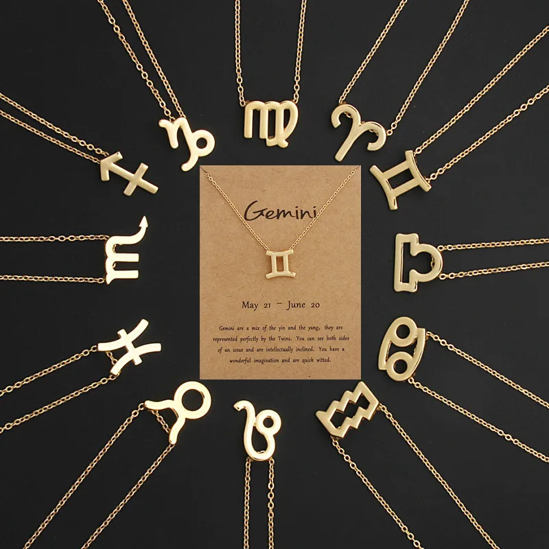 Customized Gold Plated 12 Zodiac Sign Pendant Wish Card Charm Gold Chain Choker Astrology adjustable Necklace Jewelry For Women