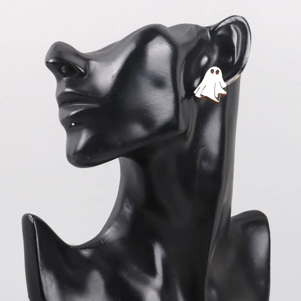 Wholesale 2024 New Cute Ghost Skeletons Party Jewelry Printed Simple Spooky Wooden Stud Earrings for Women Girls Halloween