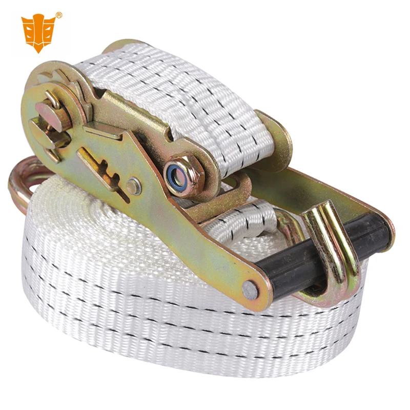 Customized 38MM White Polyester Ratchet tie down Strap J Hook Cargo Lashing Belt with GS Certificate for Car