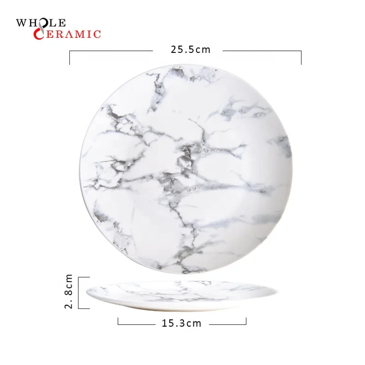 WtP01 Restaurant Dinner Pizza Decor Dessert Charger Serving Dishes, White And Black Marble Crockery Ceramic Plate Set