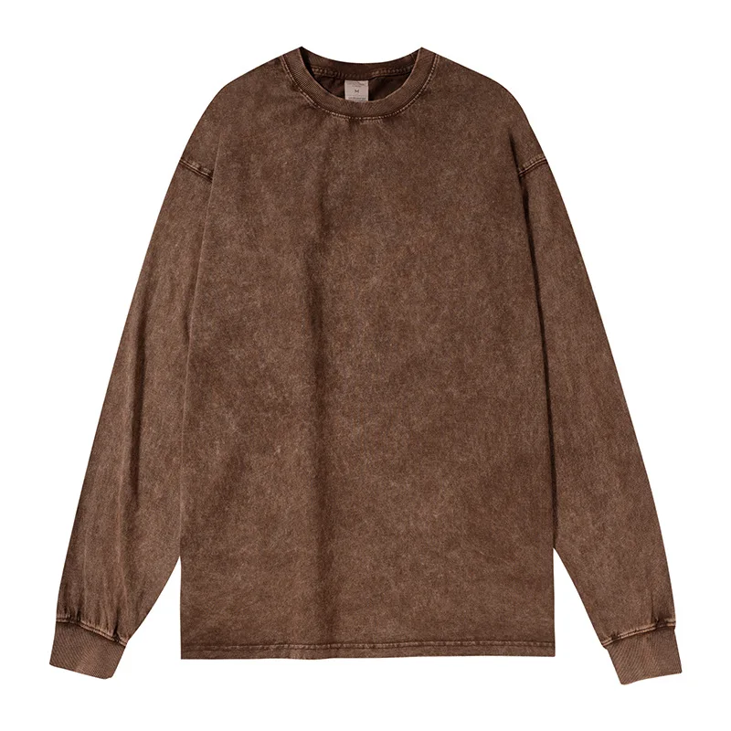 Wholesale Custom Street Off Shoulder T-shirt 260gsm Cotton Oversized Acid Washed Long Sleeve T shirts