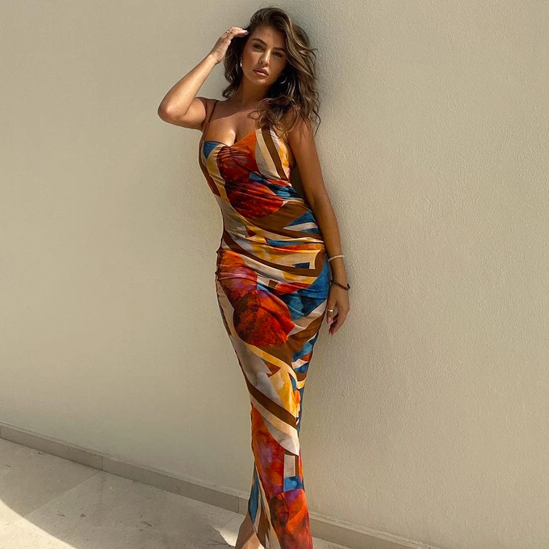 Women Fashion Summer Autumn Sleeveless Printed Bodycon Long Pencil Strap Dress 2021 Fall Wholesale Clothes Streetwear