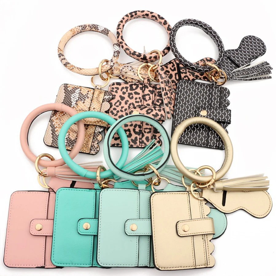 Custom Card Holder Wallet Round Keyring Bangle key chain Leather strap lanyard Bracelet wristlet keychain With Leather Tassel