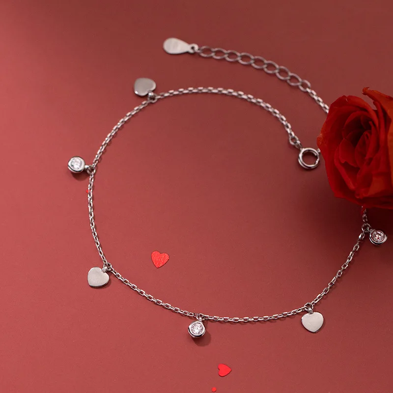  100% 925 Sterling Silver Zircon Coin Heart Charm Anklets For Women Beautiful Fashion