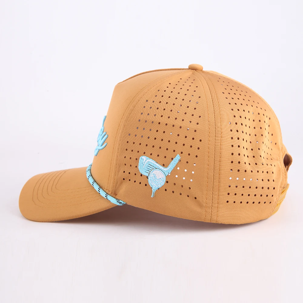 Fashion Custom 3D embroidery logo 5 Panel Waterproof Polyester Sport Golf Hat,Laser Cut Perforated Dad Gorras,Rope Baseball Cap