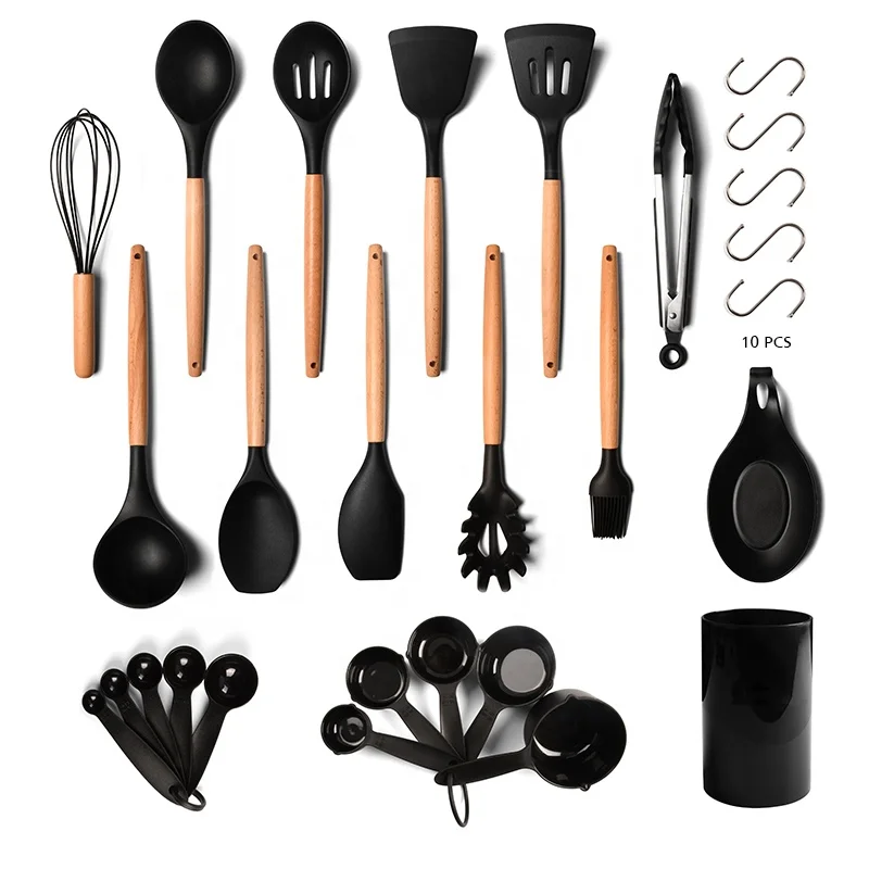 Manufacturer Hot Selling 24 pcs In 1 set Kitchen Accessories Spoon Ladle Spatula Silicone Cooking Utensil Set With Wooden Handle
