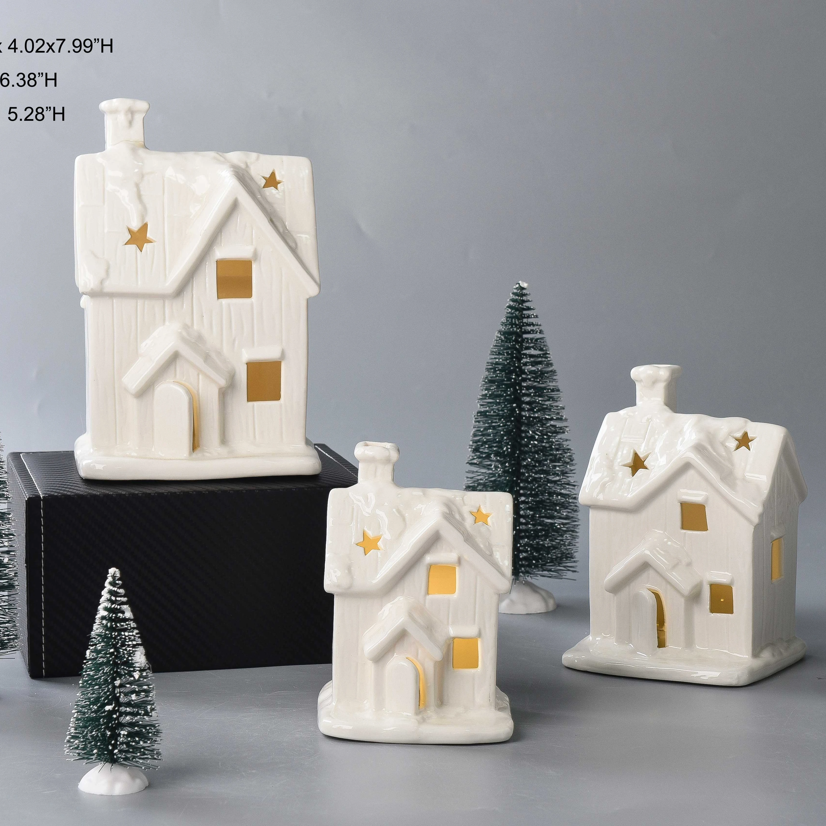 Wholesale handmade ceramic village white cottage house ornament house-shaped ceramic tealight candle holder