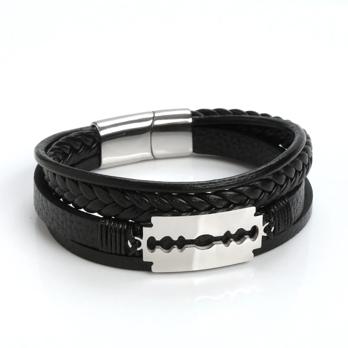 Punk Men Multi-layer Genuine Leather Stainless Steel Razor Blade Pendant Clasp Leather Bracelet SCB027