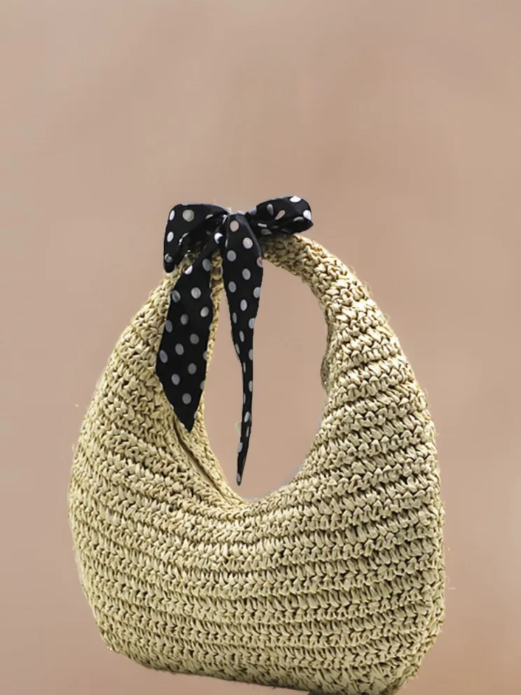 Custom Logo 2024 New Fashion Crochet Bag Straw Beach Bag Shoulder Handbag Hand Woven Tassel Straw Tote Bag For Women