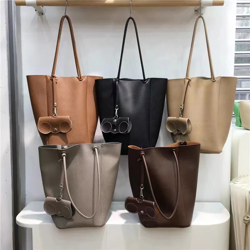 Litchi patterned soft skin large capacity bucket bag, single shoulder mother tote bag