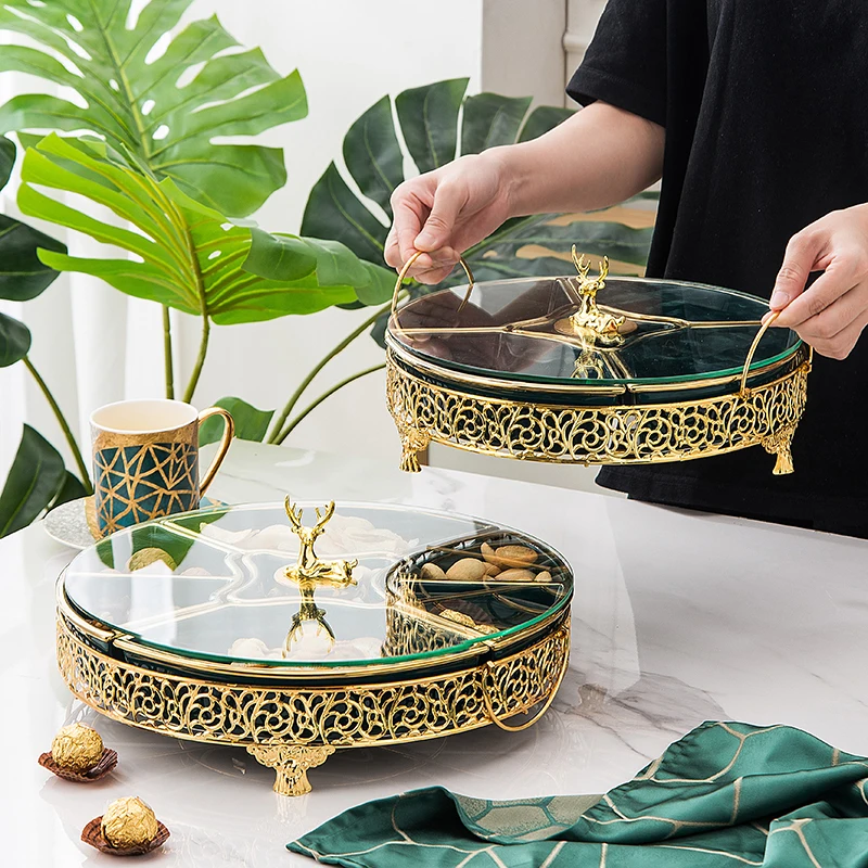Creative design luxury living room household ceramic fruit snack plate with glass cover, porcelain tray