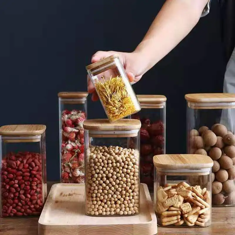 Stackable Sealed Kitchen Canisters Clear Glass Food Storage Jars Containers with Airtight Leakproof Bamboo Lid for Pasta, Nuts