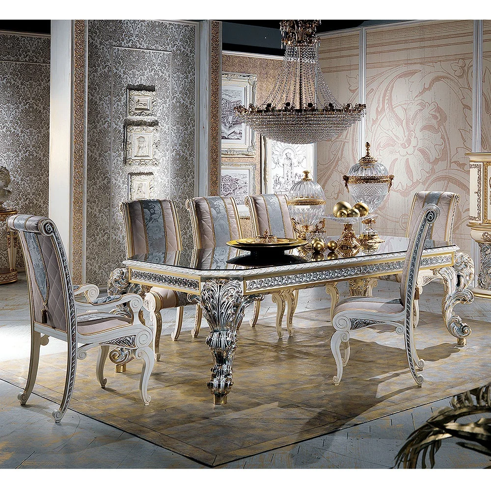 Luxury exquisite unique hand carving gilding Italian style solid wood Rectangular glass top dinning table with 8 seater