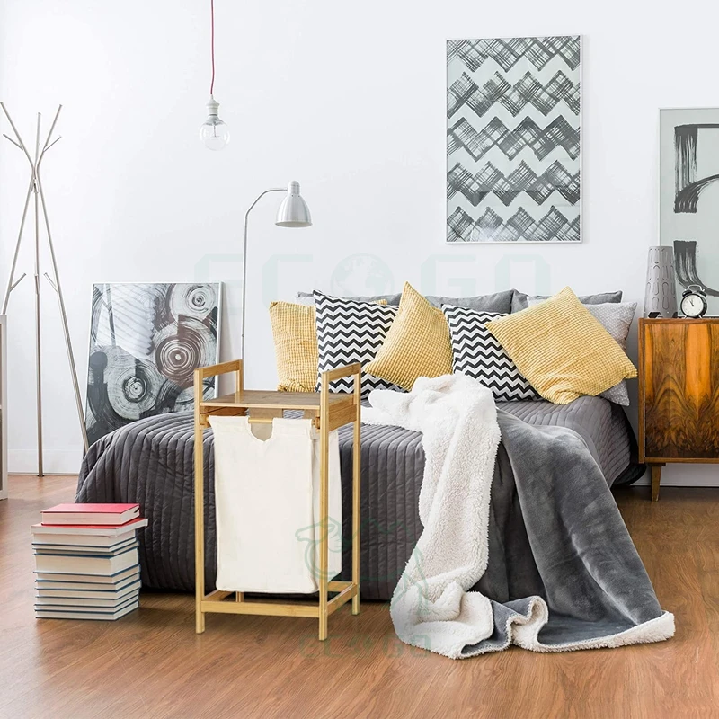 Space Saver Bamboo Laundry Basket Extendible Square Laundry Hamper With Shelf Portable Laundry Sorter With 30 Litre Inner Bag