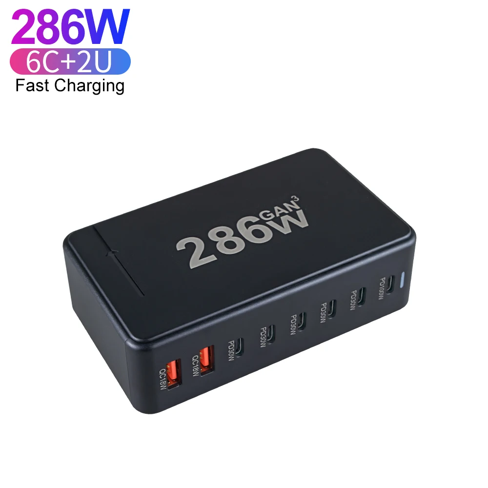 Type C 286W Desktop 6C2A Multi Port GaN Charger 100W USB C Super Fast Charging For Mobile Phone Laptop Portable Charger Adapter
