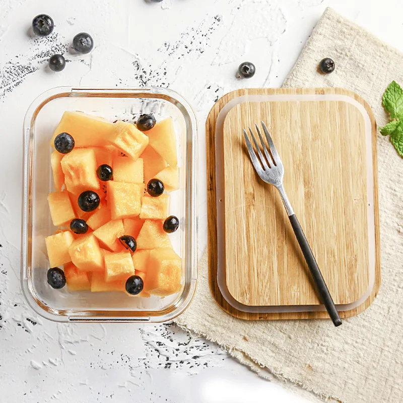 High Borosilicate Rectangular storage container set food Lunch Box Glass Prep Containers With Bamboo Lid