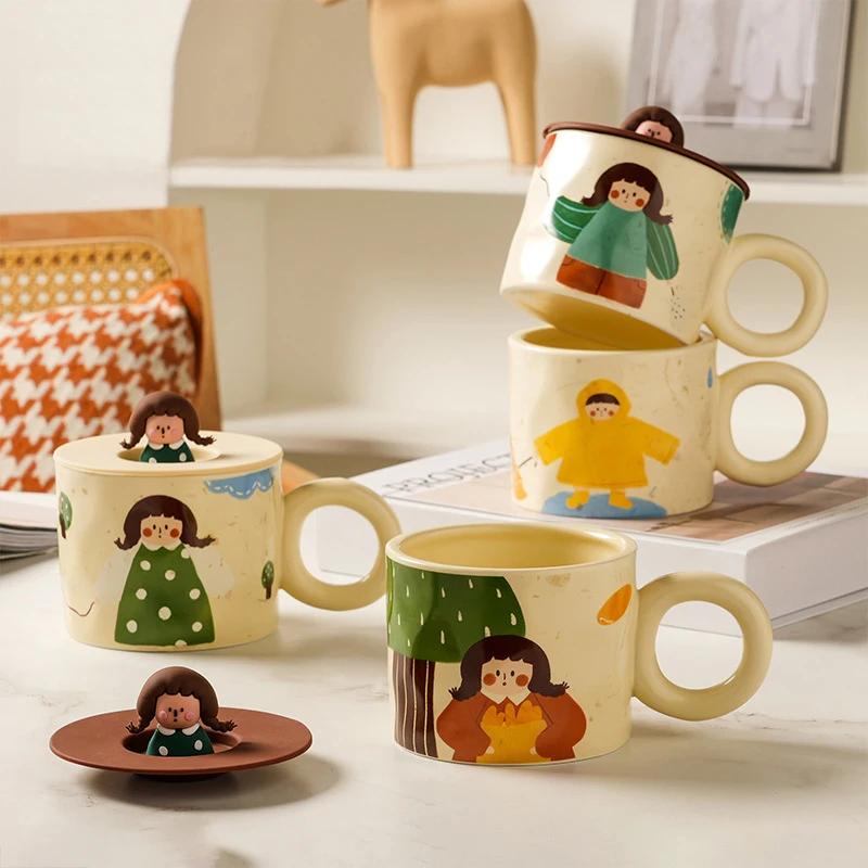 New Arrival Cute Girl Ceramic Mug Coffee Milk Mug Porcelain Cup with Silicone Lid 400ml Gift Box Set