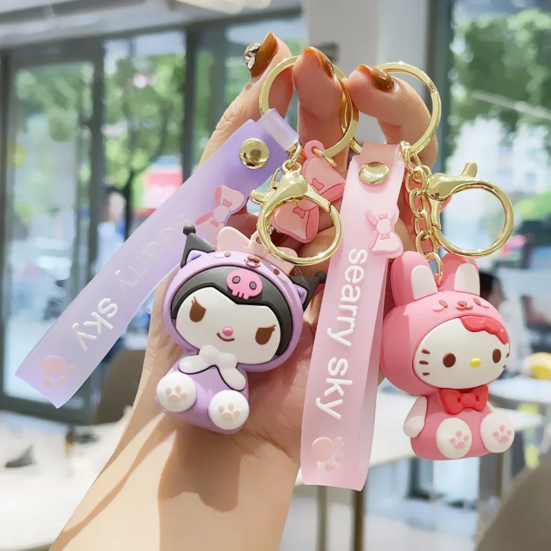 Cute Kuromi Melody Sanrio Keychain Kawaii Cartoon Big Eared Dog Frog Pudding Dog Penguin Women Bag Pendant Key Chain