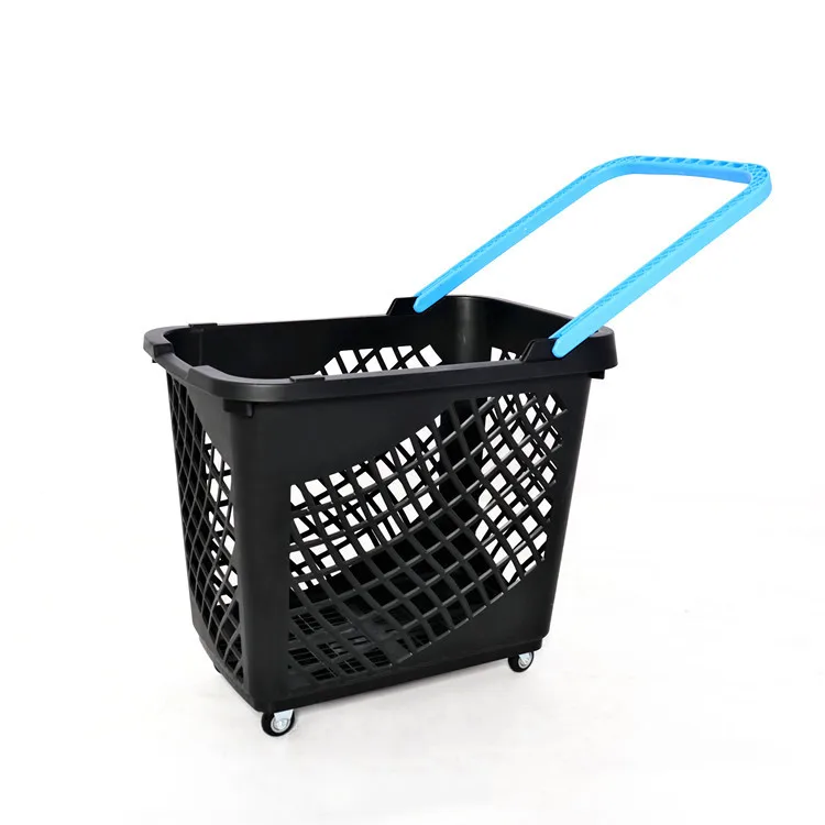 Factory price 65L supermarket rolling basket Four wheel pull basket large capacity supermarket shopping basket