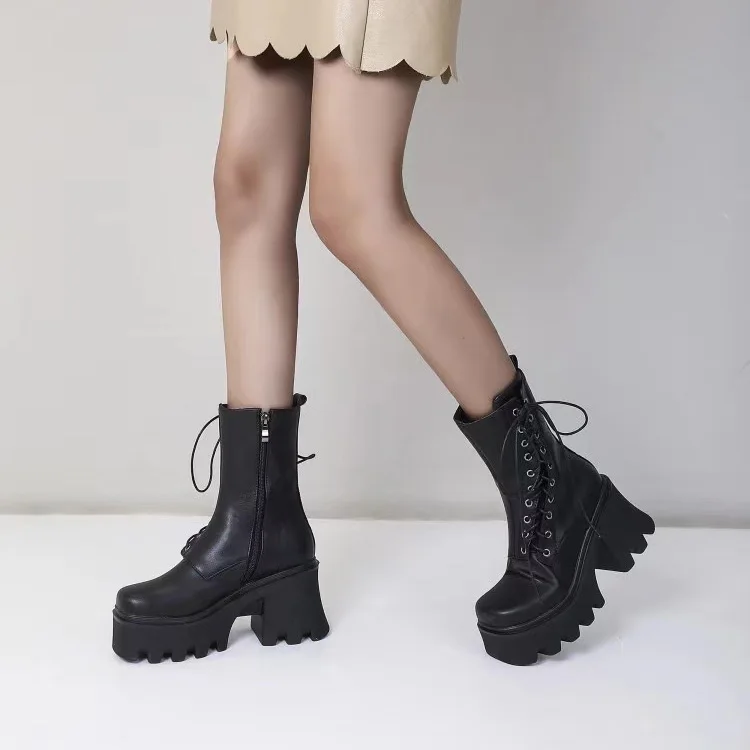 Shein 2021 Wide Fit Women Boots Plus Size Platform Vintage Wedge Chunky High Heel Lace Up Combat Boots Leather Boots In Stock