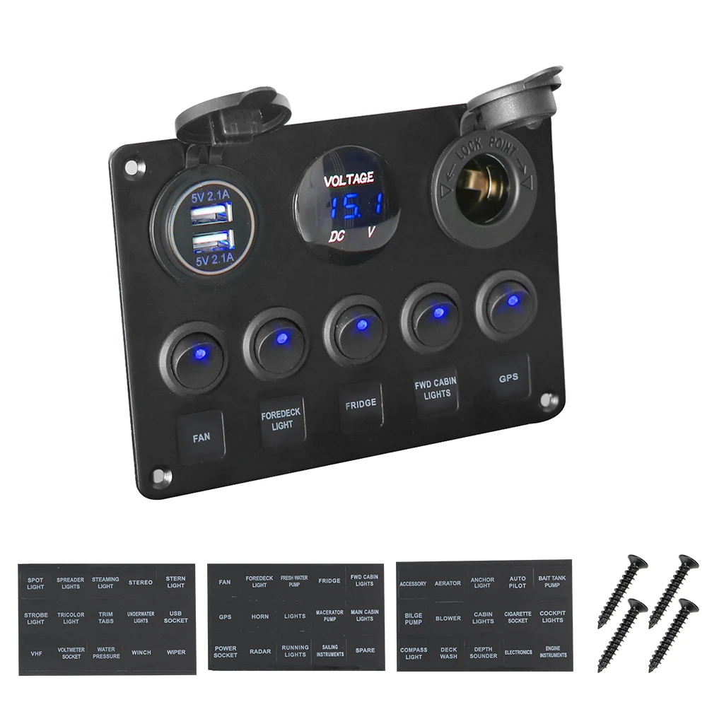 Blue Car Marine Boat Rocker Switch Panel Digital Voltmeter Dual USB Port 12V Outlet for BMW E46 for Audi A4Interior Parts