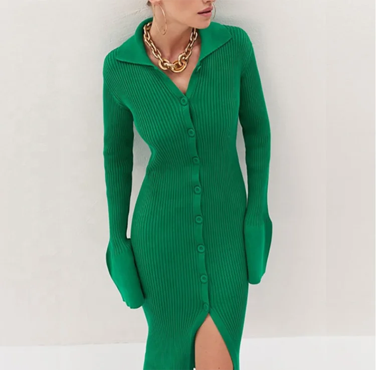 Winter Mint Green Turn-down Collar Flare Long Sleeve Button Ladies Bodycon Dresses Single Breasted Women Long Knit Sweater Dress