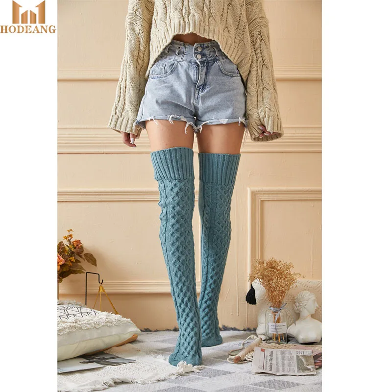 Новые зимние теплые длинные гетры, женские синие Гольфы выше колена, вязаные толстые чулки, носки до бедра