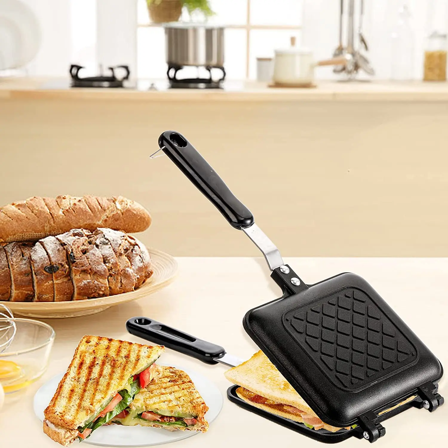Double Sided Frying Pan Sandwich Maker Non-stick Grilled Sandwich and Panini Maker Pan with Handle Aluminum Flip Pan