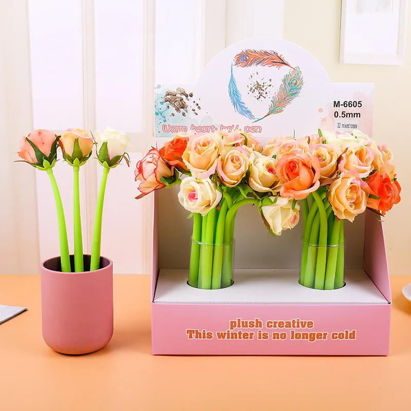 Stationery plant flower soft silicone 0.5mm gel pen simulation rose ballpoint pen for classmate gift school supplies