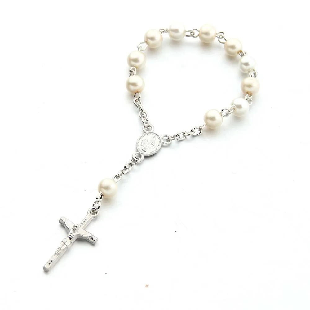 JOYFFO Mini Rosary Beads Love Cross Finger Chain Baby Glass Pearl Baptismal Communion Gift Fashion Bracelets & Bangles