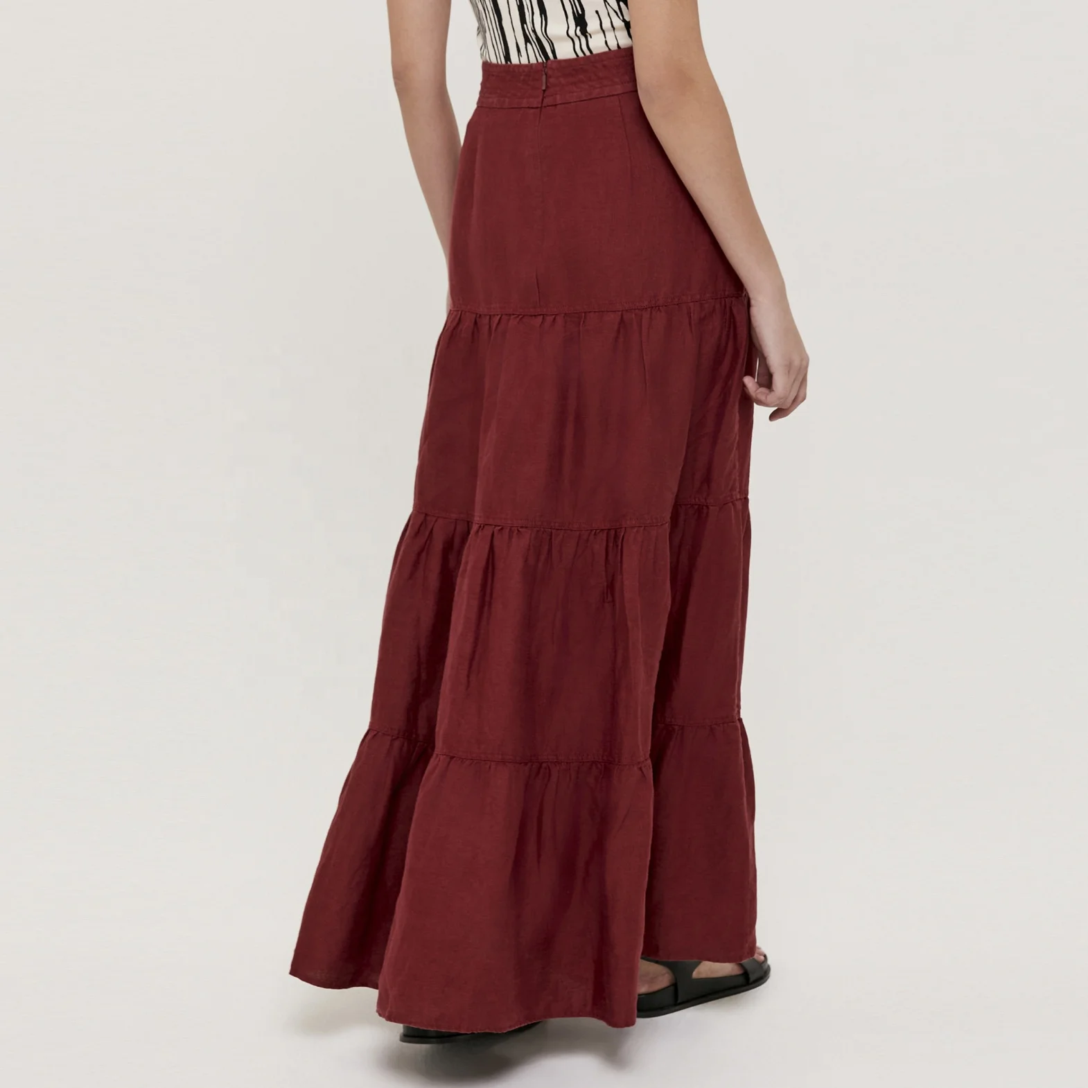 Custom High Waist Linen Ruffle Skirts A-Line Red Maxi Long Skirt For Women