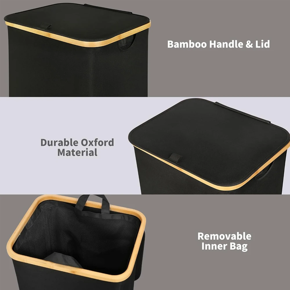 Bamboo Laundry Hamper Foldable Dirty Clothes Hamper with Handle, Waterproof Collapsible Laundry Basket