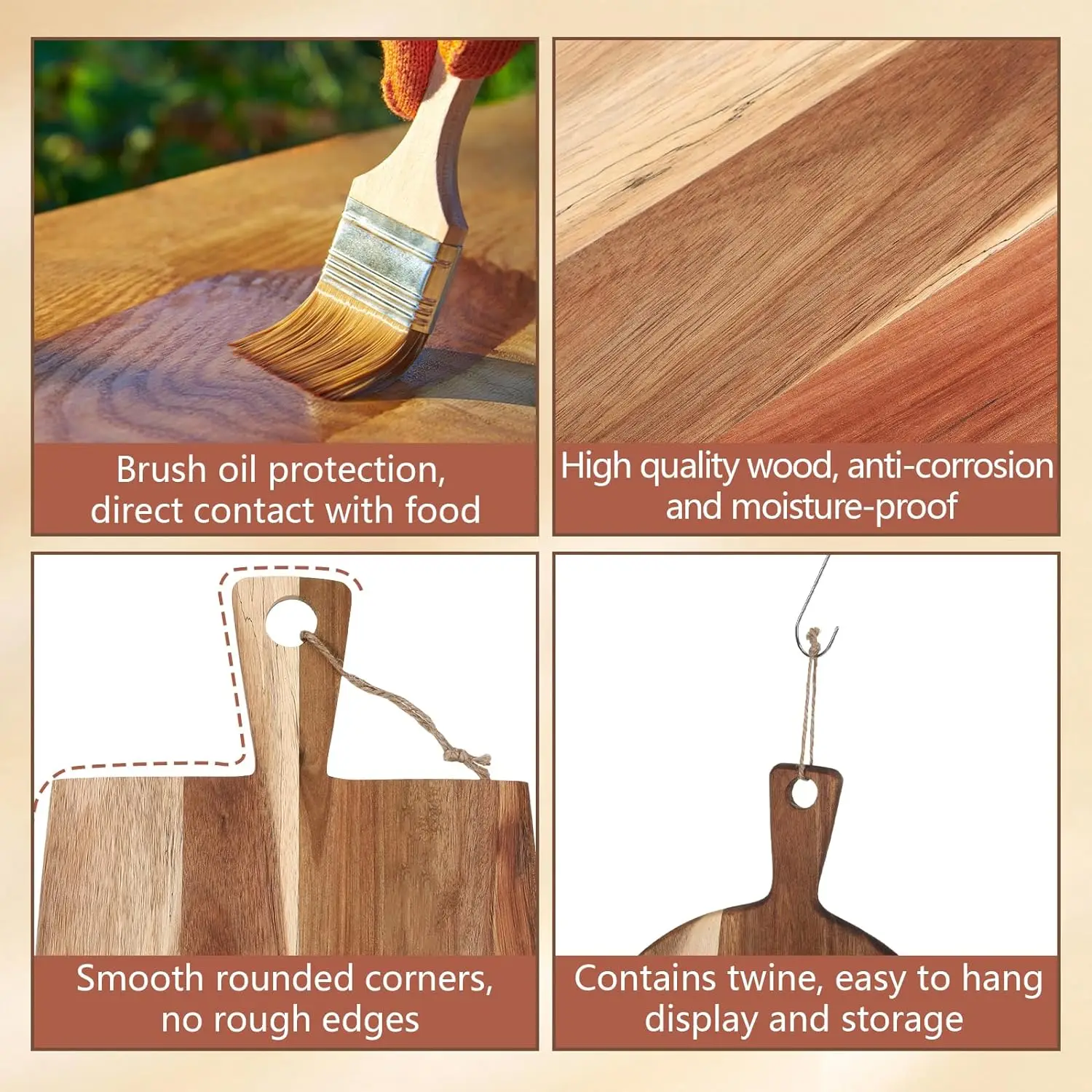 Plain Chopping Board with Handles Wooden Kitchen Cutting Board Bulk with Ropes for Vegetables Meat Pizza Cheese Fruit Bread